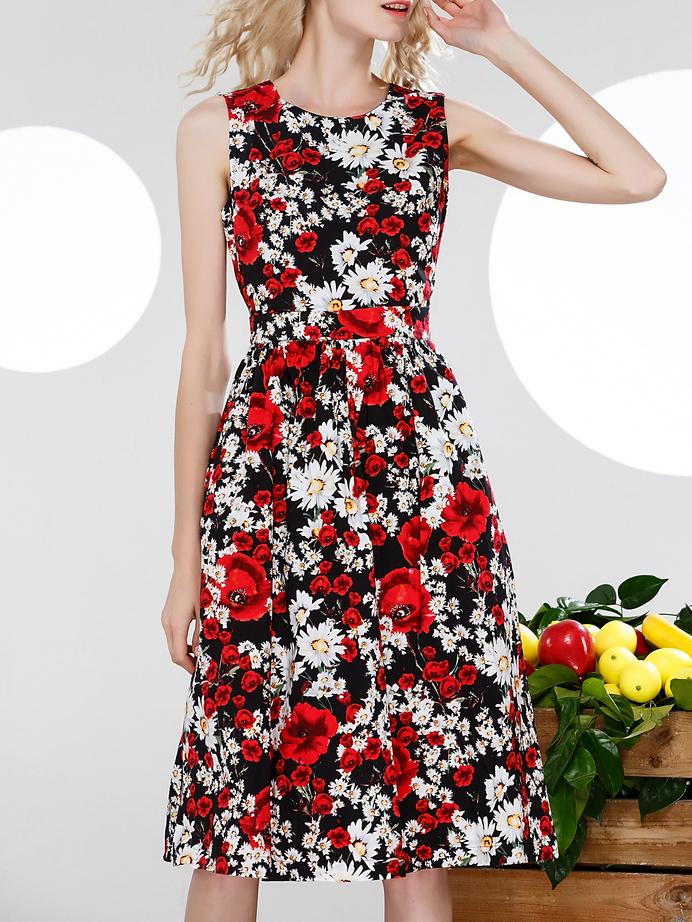 Romwe Black Backless Floral A-line Dress