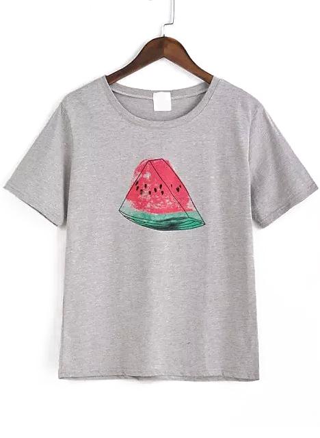 Romwe Watermelon Print Grey T-shirt