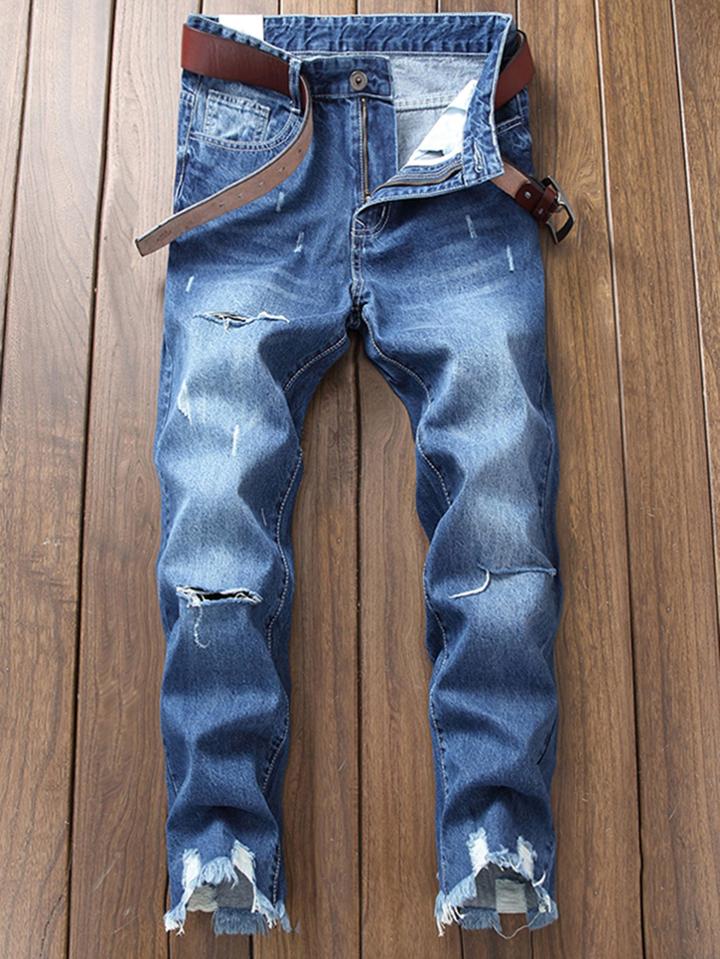 Romwe Men Distress Ripped Crop Straight Jeans