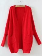 Romwe Red Batwing Sleeve Lace Up Back Cardigan With Pocket