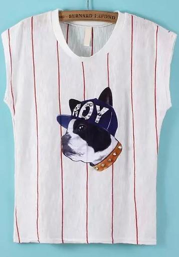 Romwe Dog Print Vertical Striped Red T-shirt