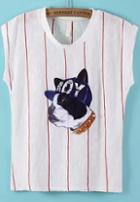 Romwe Dog Print Vertical Striped Red T-shirt