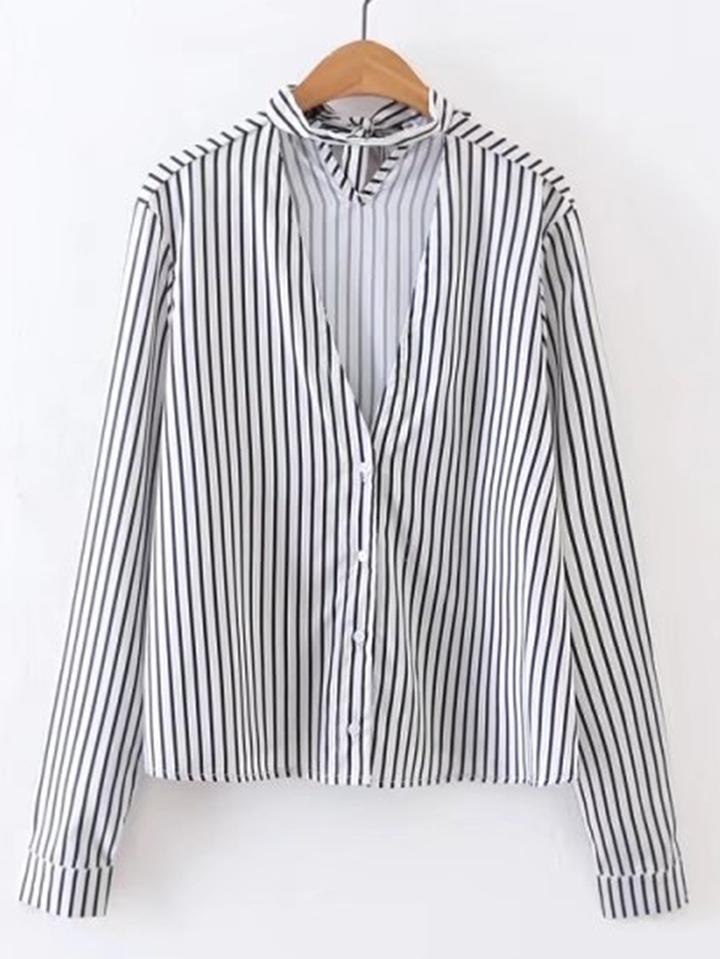 Romwe Choker Neck Vertical Striped Blouse