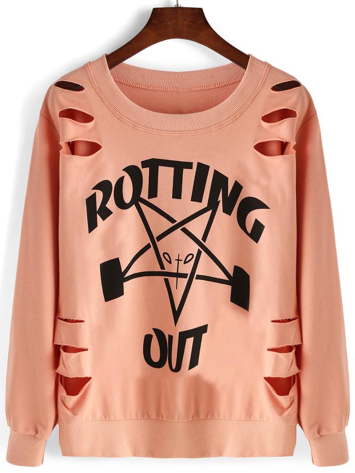 Romwe Letter Print Ripped Pink Sweatshirt