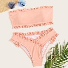 Romwe Frill Trim Bandeau With High Leg Bikini