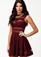 Romwe Sheer Mesh Pleated Wine Red Dress