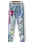 Romwe Graffiti Print Ripped Detail Jeans