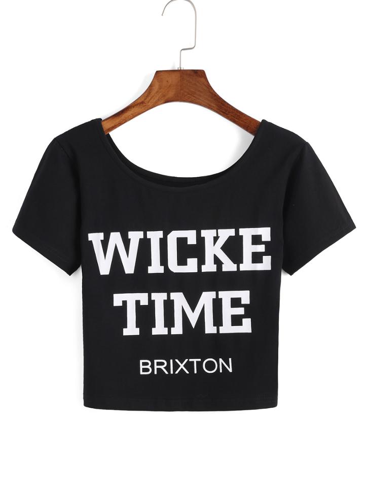 Romwe Letters Print Crop Black T-shirt