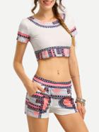 Romwe Tribal Print Crop Top With Shorts