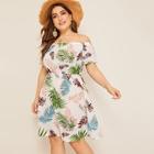 Romwe Plus Off Shoulder Jungle Leaf Print Dress