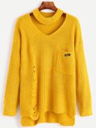 Romwe Yellow Choker Neck Ripped Detail Pocket Sweater