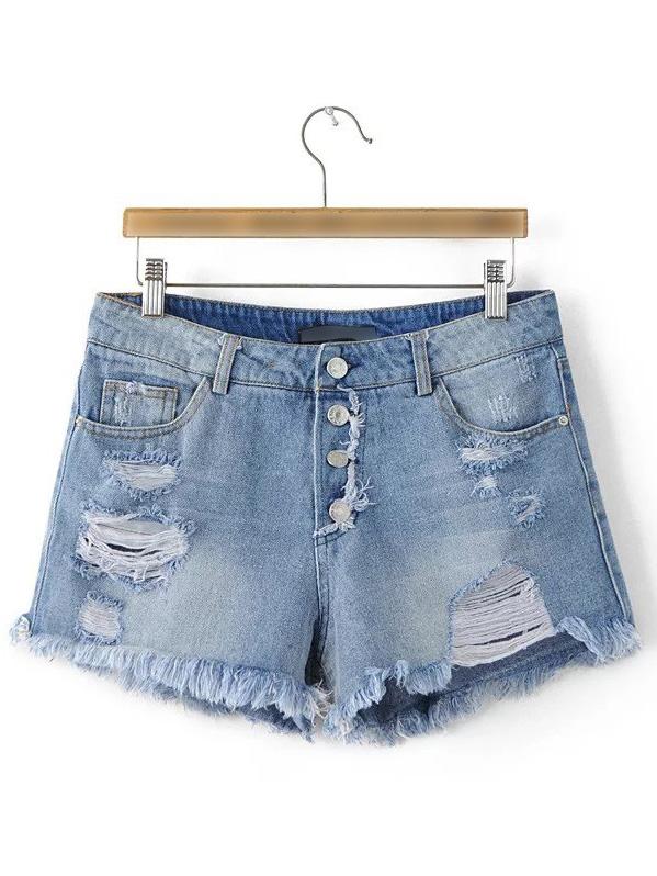 Romwe Blue Pockets Buttons Front Fringe Trim Ripped Hole Denim Shorts