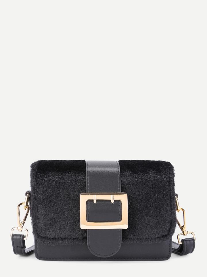 Romwe Buckle Front Faux Fur Flap Pu Shoulder Bag