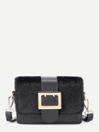 Romwe Buckle Front Faux Fur Flap Pu Shoulder Bag