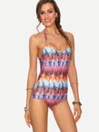 Romwe Strappy Halter Neck Multicolor Printed One-piece Swimwear