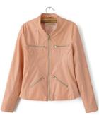 Romwe Stand Collar Zipper Crop Pu Pink Jacket