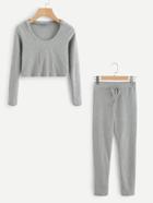 Romwe Ribbed Hooded Tee And Pants Set