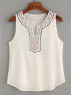 Romwe White V Neck Embroidered Tank Top