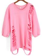 Romwe Ripped Loose Pink T-shirt