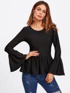 Romwe Trumpet Sleeve Ribbed Knit Ruffle Peplum Tee