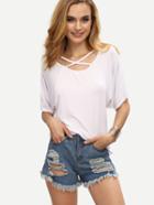 Romwe Crisscross Neck T-shirt - White