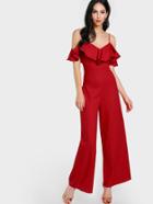 Romwe Flounce Cold Shoulder Wide Leg Jumpsuit