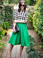 Romwe Green Flare Pleated Midi Skirt