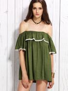 Romwe Green Contrast Trim Ruffle Strappy Cold Shoulder Dress