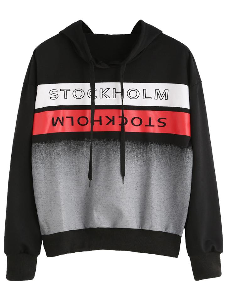 Romwe Black Letter Print Drop Shoulder Drawstring Hooded Sweatshirt