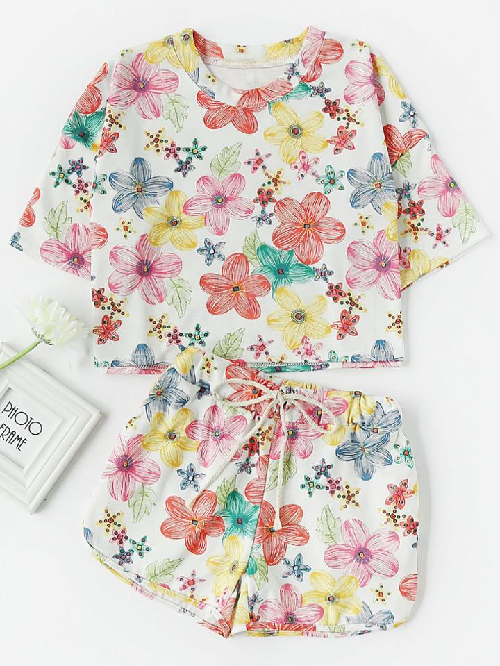Romwe Allover Floral Print Tee And Drawstring Shorts Set