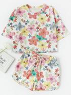 Romwe Allover Floral Print Tee And Drawstring Shorts Set
