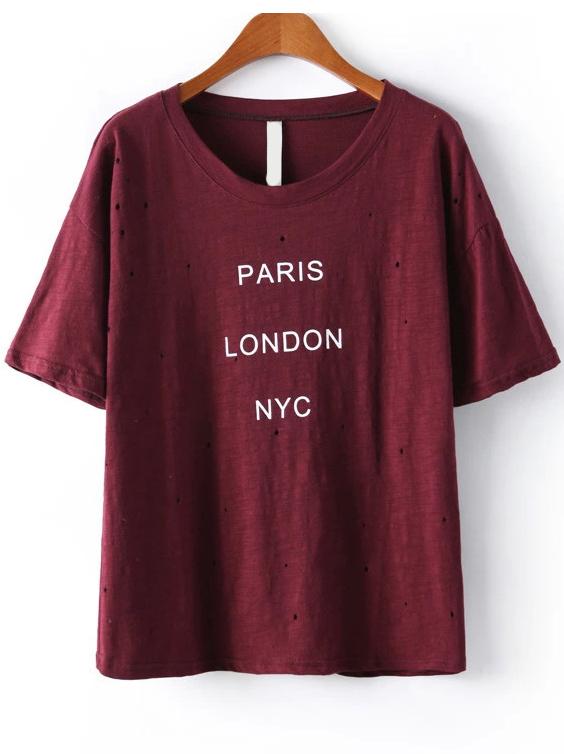 Romwe Paris London Nyc Print Hollow Wine Red T-shirt
