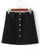 Romwe Black Buttons Front Pockets A-line Skirt