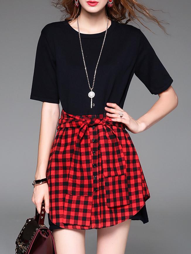 Romwe Red Black Check Tie-waist Dress