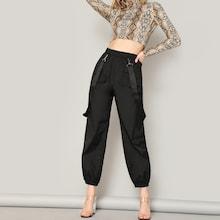 Romwe Elastic Waist Tapered Pants With Strap