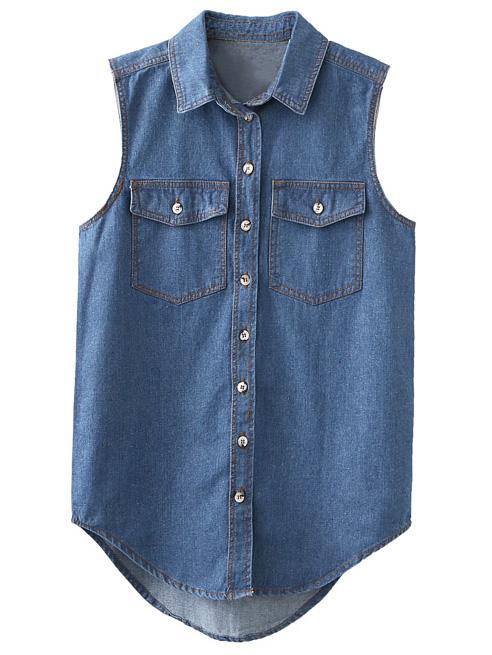 Romwe Blue Pockets Buttons Front Sleeveless Denim Blouse