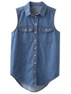 Romwe Blue Pockets Buttons Front Sleeveless Denim Blouse
