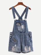 Romwe Ripped Embroidered Patch Overall Blue Denim Shorts