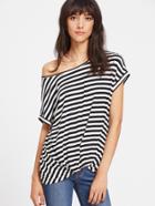 Romwe Striped Gathered Hem Short Dolman Sleeve Tee