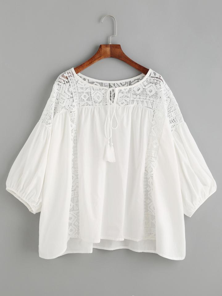 Romwe White Geo Crochet Insert Keyhole Tie Front Blouse