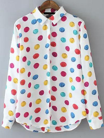 Romwe Lapel Dip Hem Polka Dot Blouse
