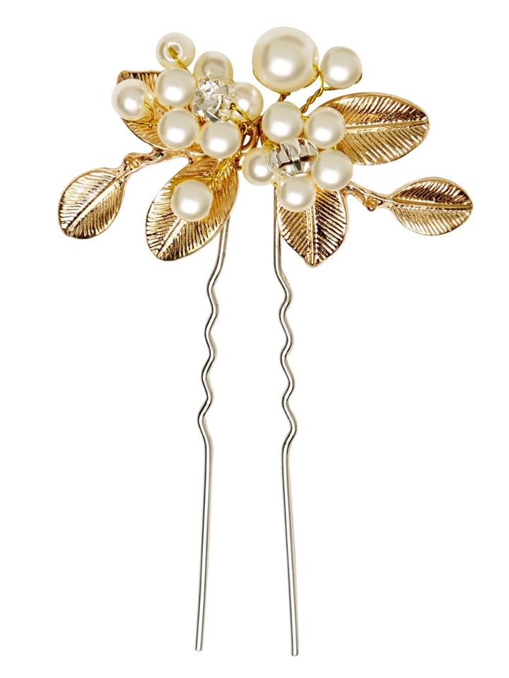 Romwe Vintage Gold Plated Leaf Faux Pearl Hair Pin