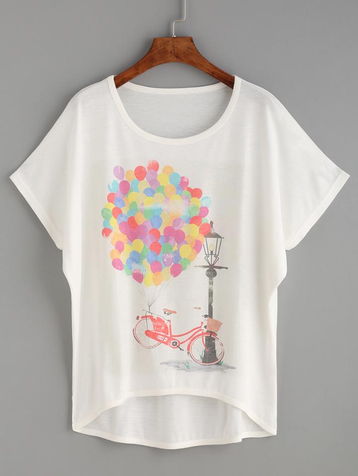 Romwe White Balloon Print High Low Dolman Sleeve T-shirt