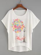 Romwe White Balloon Print High Low Dolman Sleeve T-shirt