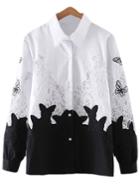 Romwe Black White Lace Splicing Butterfly Embroidery Blouse
