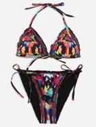 Romwe Black Printed Tie Side Triangle Bikini Set