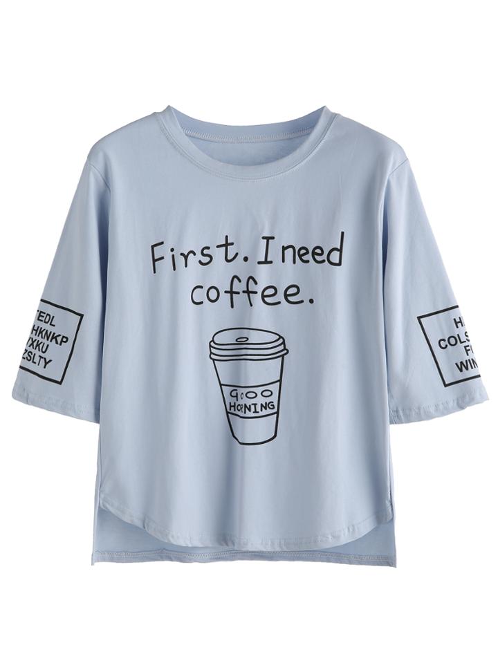 Romwe Blue Coffee Cup Slogan Print T-shirt