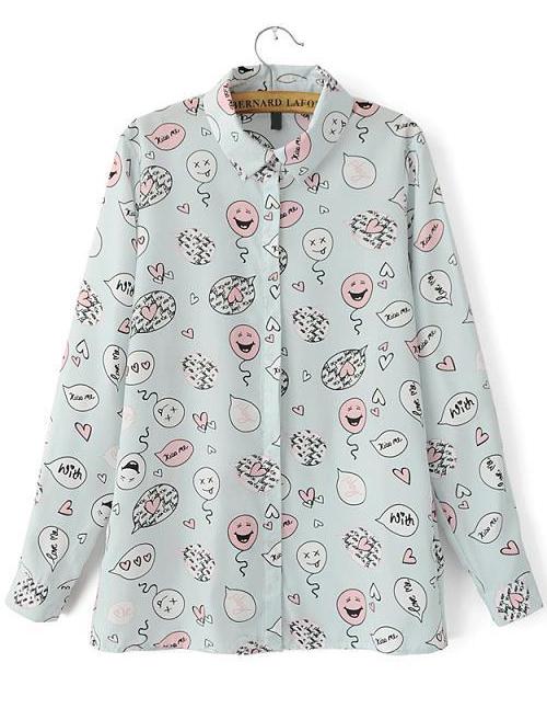 Romwe Smile Print Loose Chiffon Blouse
