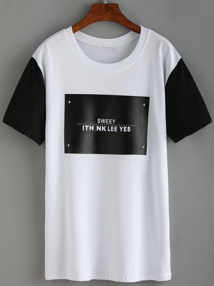 Romwe Contrast Sleeve Printed T-shirt