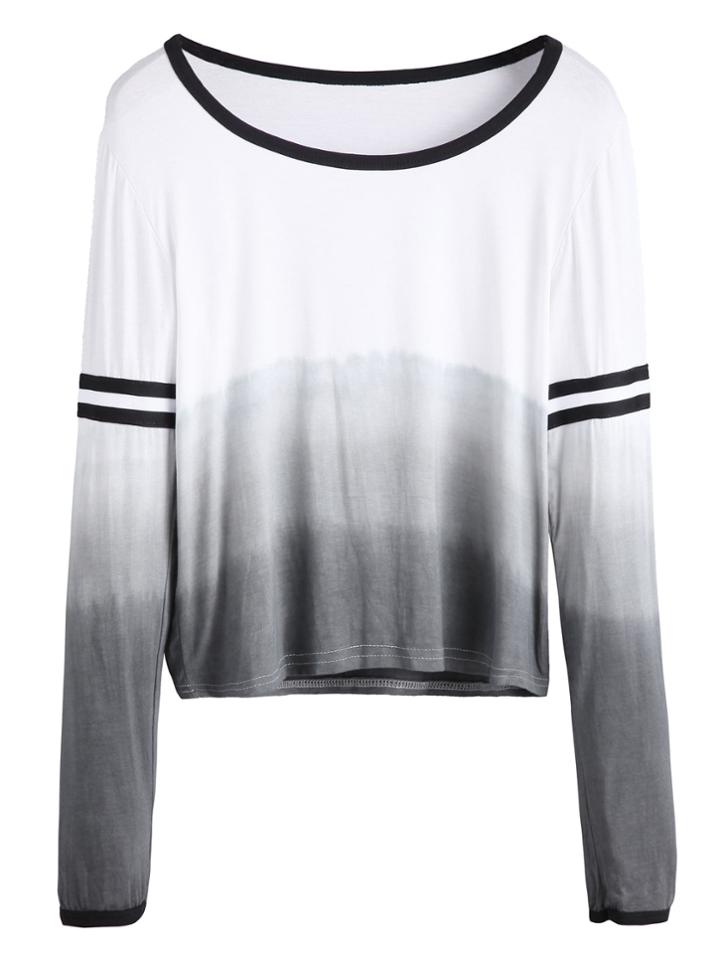 Romwe Ombre Contrast Trim Striped Sleeve Scoop Neck T-shirt